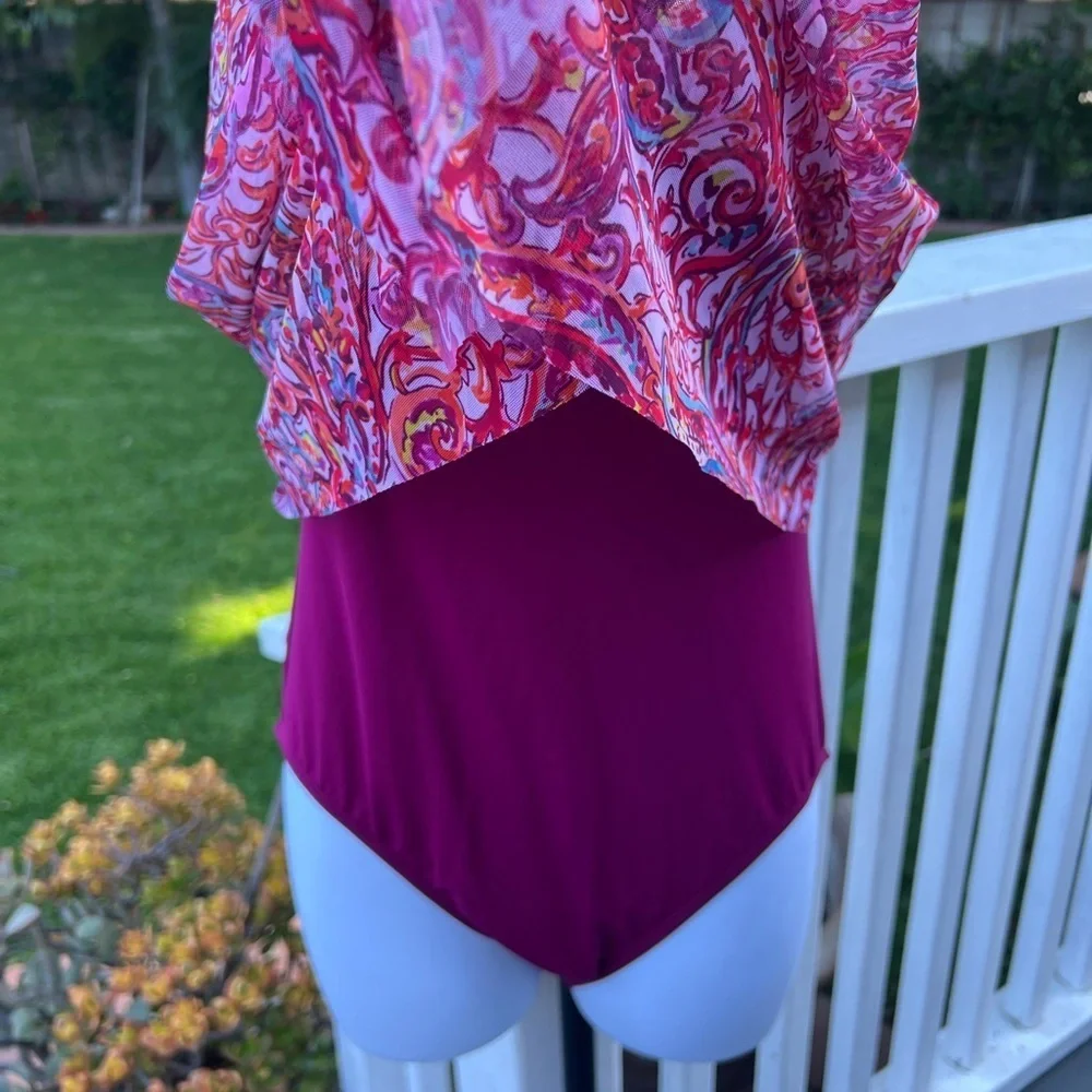 Ralph Lauren Pink and Red One-Piece Swimsuit with Gathered Front